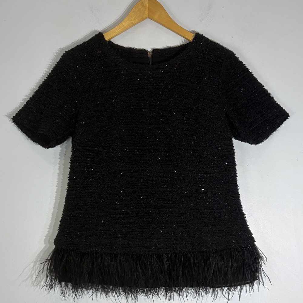 Anthropologie Deletta black bloucle shimmer  feather trim blouse size medium
